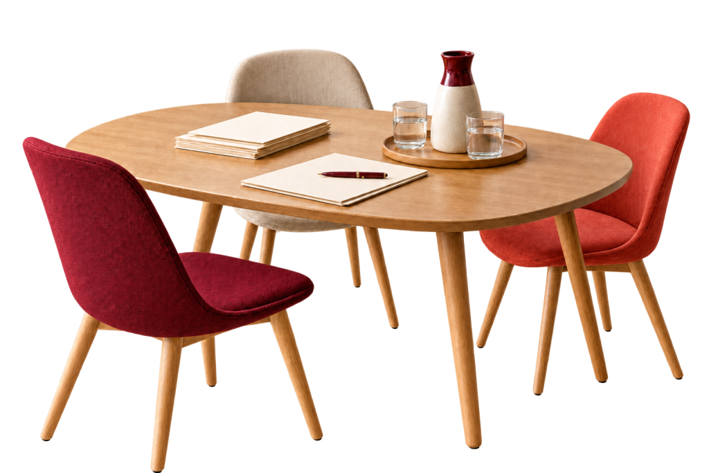 Vorbereiteter Tisch mit Stühlen und Unterlagen für die Mitgliederversammlung